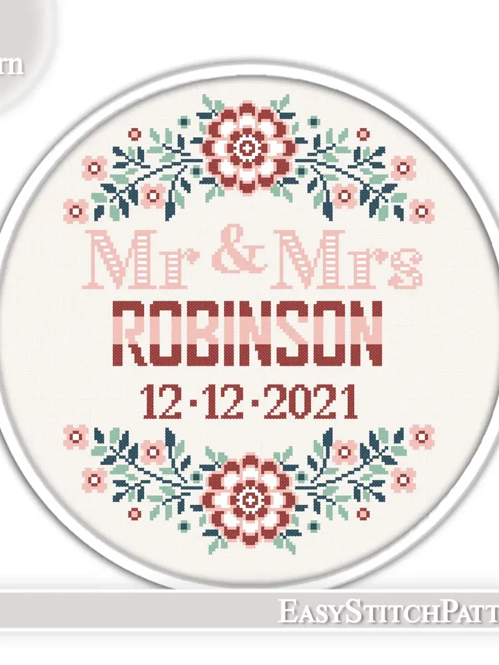 Wedding cross stitch pattern. DIY. Border cross stitch. Anniversary. Floral Wreath cross stitch.
