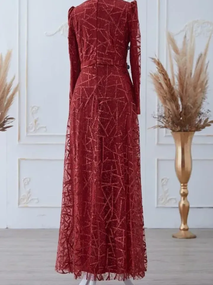 Parıltı burgundy silvery embroidered Ahunare Wedding Dress, Muslim Evening Gown, Nikah, Islamic Wedding, Engagement, Bridesmaid, Maxi Dress