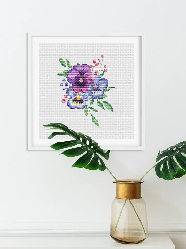 Pansies Cross Stitch Pattern PDF, Pansy Cross Stitch Pattern, Spring Flowers Cross Stitch Pattern, Modern Embroidery Flowers