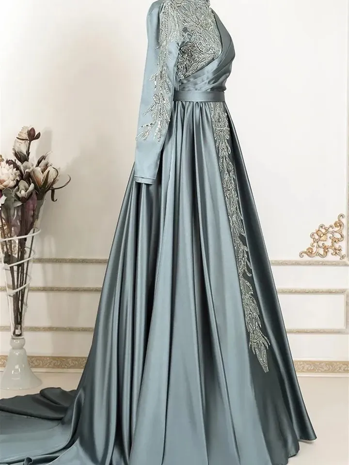 AHUNARE HIJAB - Hürrem Mint Embroidered Wedding Dress, Muslim Evening Gown, Nikah, Islamic Wedding, Engagement, Bridesmaid,