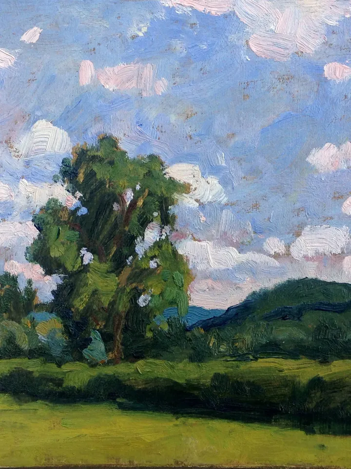 Small Tanglewood Landscape Painting -Summer Sky- 6x6 Oil on Panel, Berkshires Plein Air Impressionist Fine Art, Signed Original