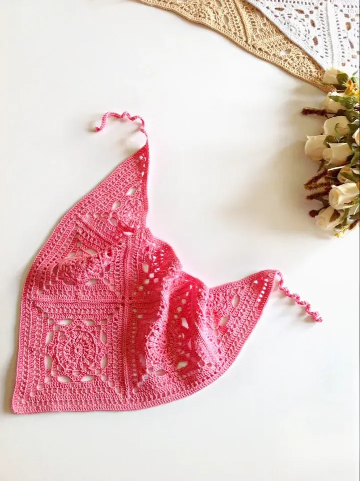 Bandanas kerchiefs openwork crocheted cotton pink