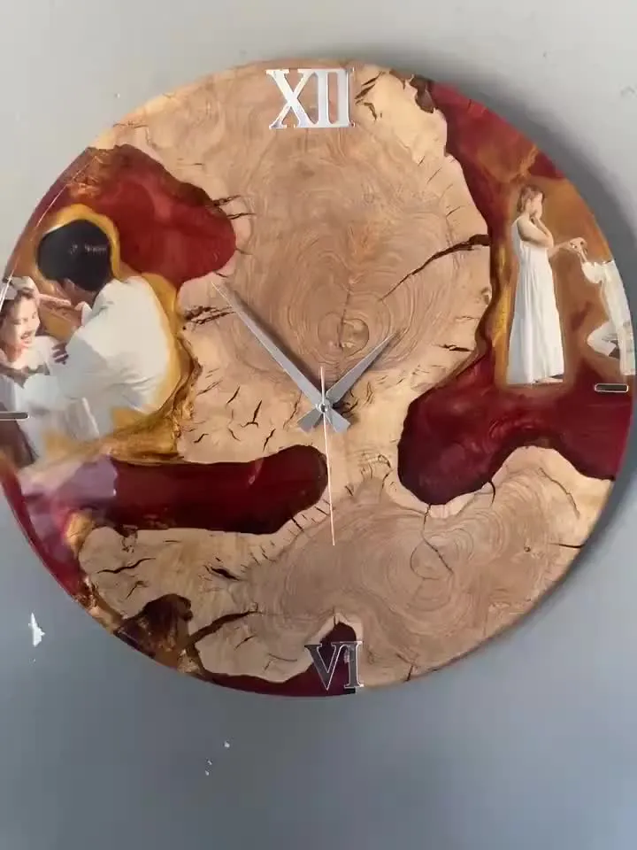 Custom Made Resin & Photo Olive Wood Wall Clock, Unique Wall Clock, Personalized Wall Clock