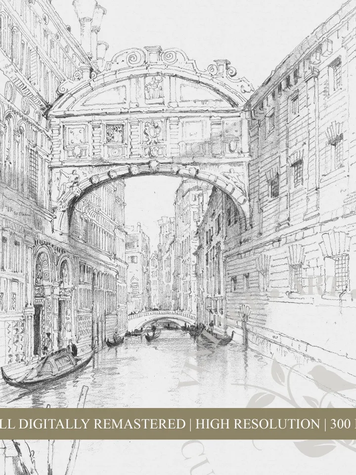 Venice Italy Bridge of Sighs Vintage Sketch, Antique Architecture, PRINTABLE Italian Wall Art, Digital Downloadable Decor | 173