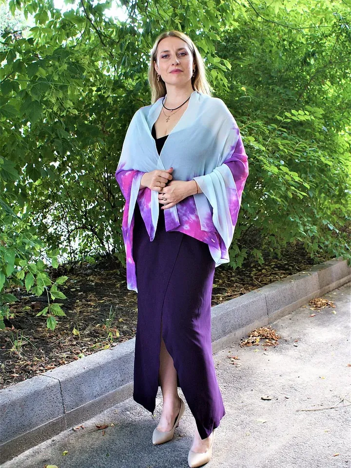 絲巾 Tie dye scarf Chiffon woman scarf Blue purple pink silk shawl Hand dyed scarf