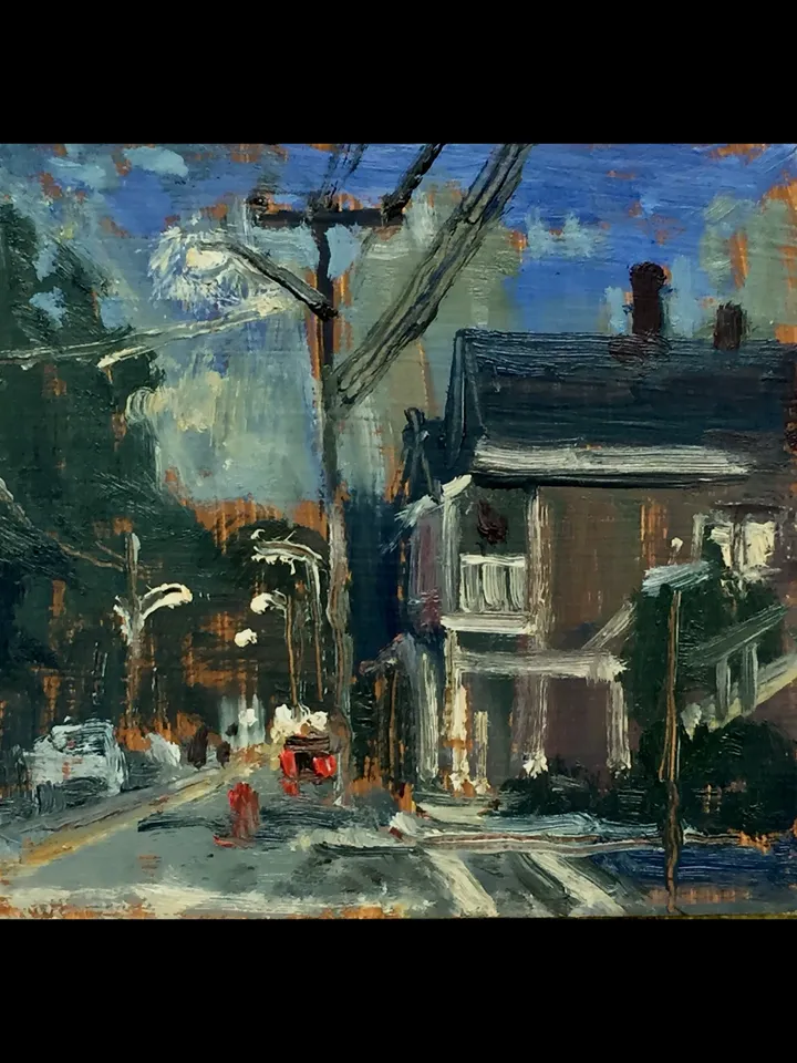 Small Night Scene Landscape Painting -American Nocturne- 4x4 Oil on Panel, Plein Air Impressionist Signed Original Berkshires Fine Art