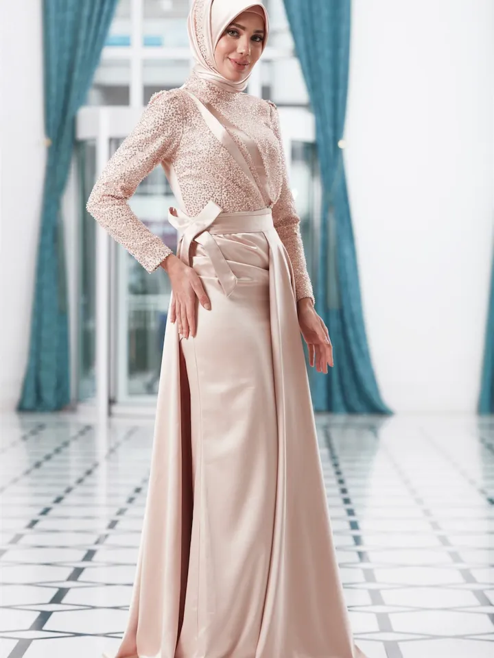 AHUNARE HIJAB - Balık Saten Salmon Satin Mermaid Wedding Dress, Muslim Evening Gown, Nikah, Islamic Wedding, Engagement, Bridesmaid,