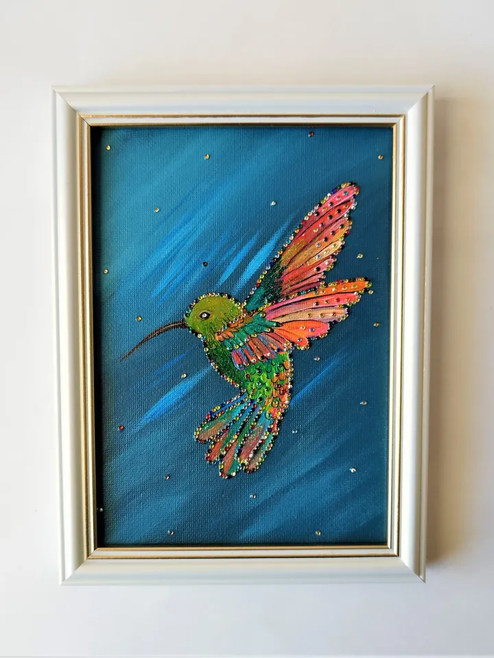 Hummingbird Painting Little Bird Original Painting with Crystals Hummingbird Wall Decor Impasto Painting Bird Art Canvas