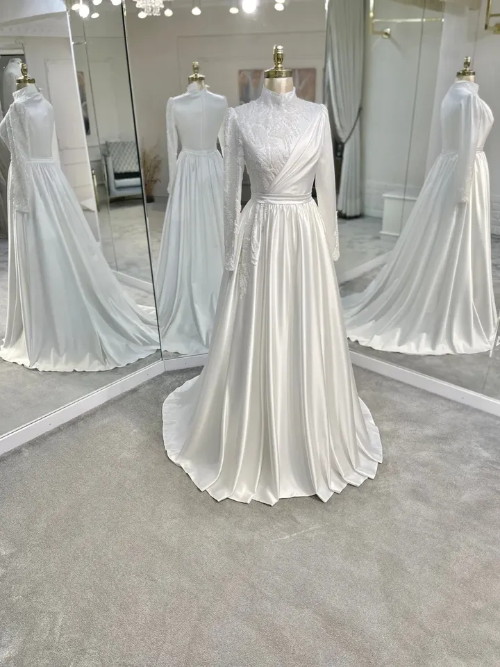 AHUNARE HIJAB - Lara White Satin Embroidered Wedding Dress, Muslim Evening Gown, Nikah, Islamic Wedding, Engagement, Bridesmaid,