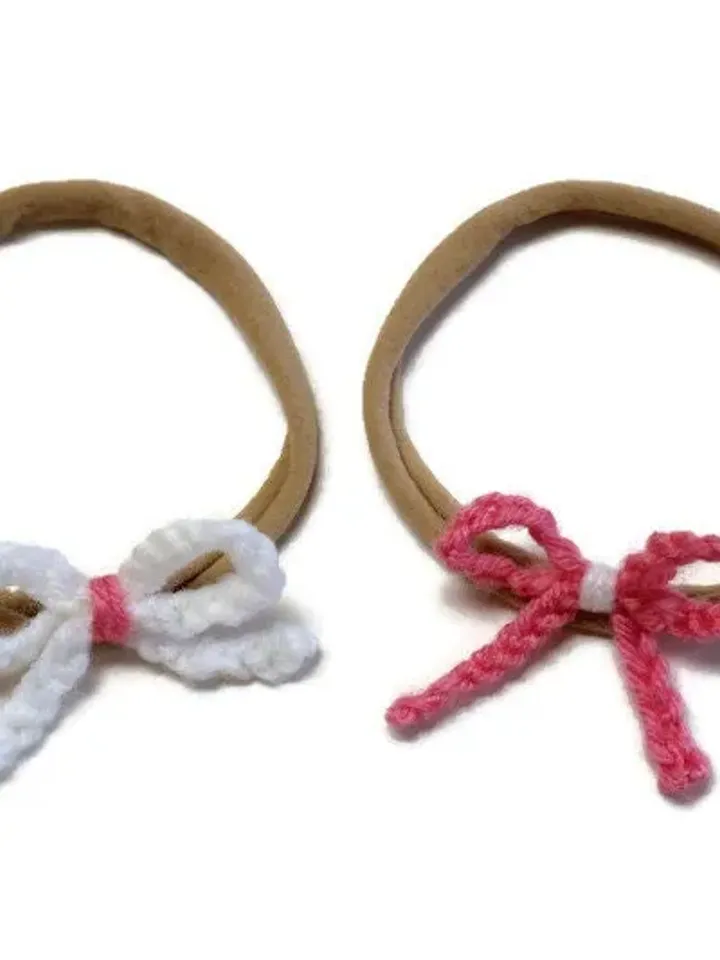 Pink and White Tied Crochet Yarn Bows on Nylon Headbands Set, Newborn Photoshoot Prop, Baby Shower Gifts, New Baby Head Wrap, Mini Hair Ties