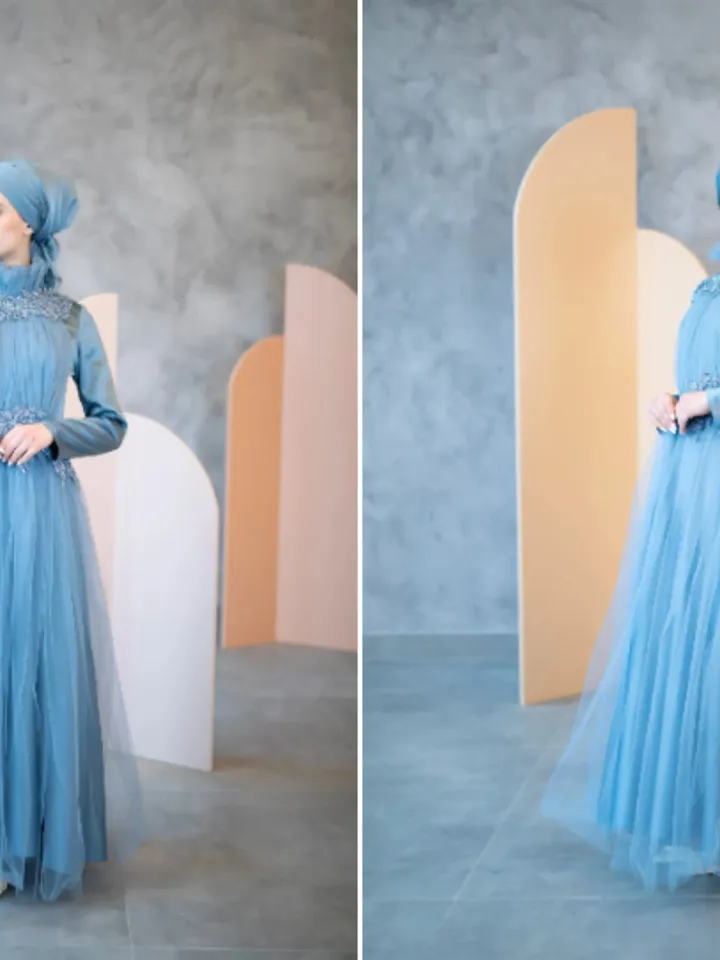 AHUNARE HIJAB - Rosa Blue Tulle Wedding Dress, Muslim Evening Gown, Nikah, Islamic Wedding, Engagement, Bridesmaid,