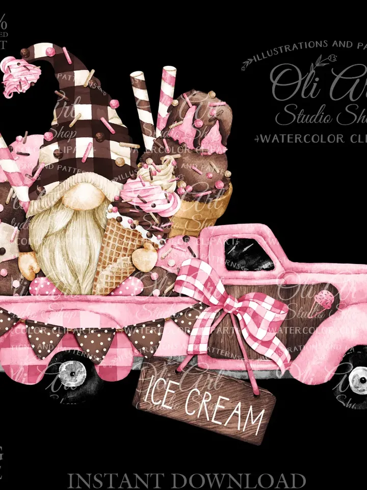 Ice Cream Truck, Gnome Clipart. Hand Drawn Graphics, Instant Download. Digital Download. OliArtStudioShop