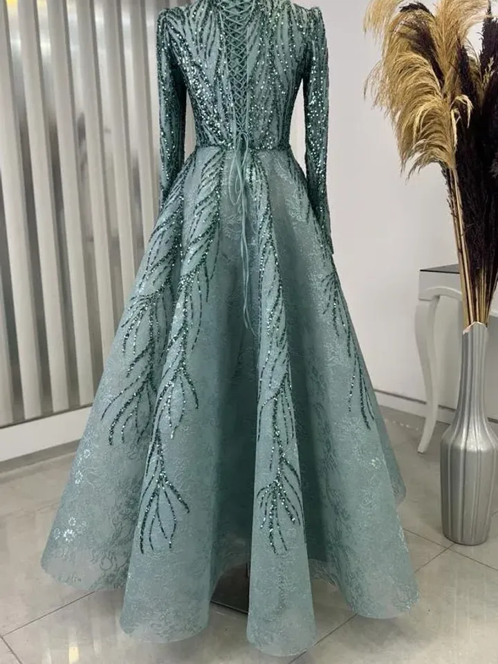 AHUNARE HIJAB - Çırağan Mint Embroidered  Wedding Dress, Muslim Evening Gown, Nikah, Islamic Wedding, Engagement, Bridesmaid,