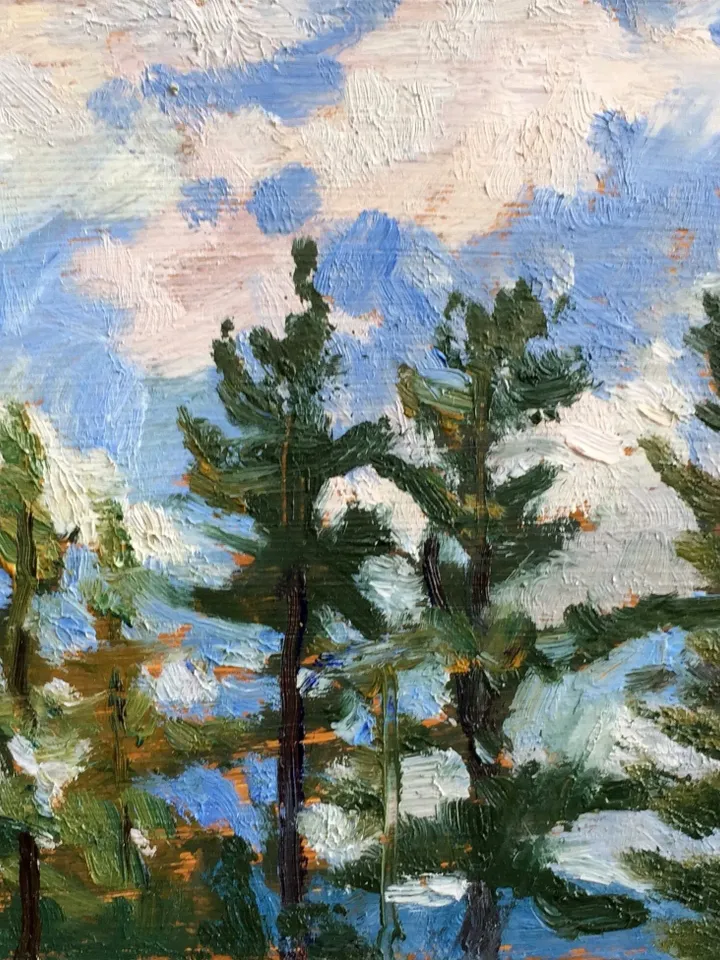 Small Original Tanglewood Landscape Painting -Sky and Pines- 4x4 Oil on Panel, Plein Air Impressionist Oil, Signed Original Fine Art