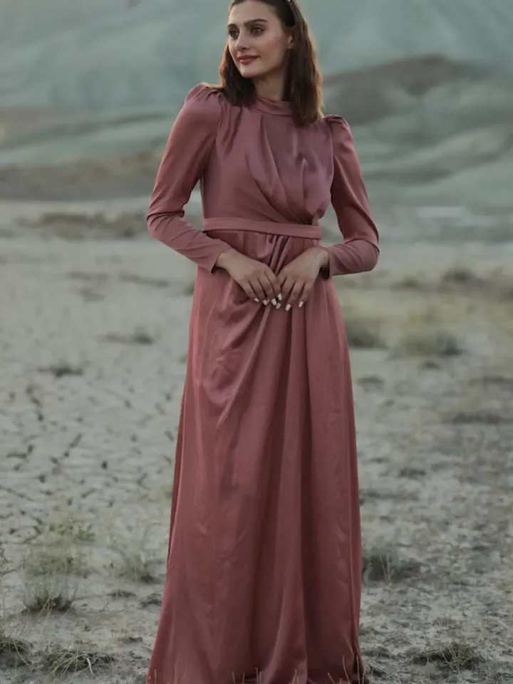AHUNARE HIJAB - Irem Dress, Satin Dress, Onion Color, Muslim Evening Dress, Nikah, Wedding, Engagement, Bridesmaid, ,