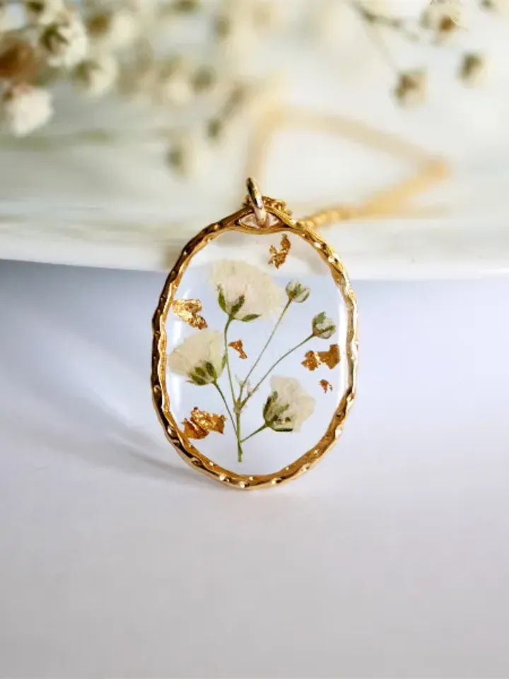 Gold  Baby's Breath necklace Resin Pressed flowers