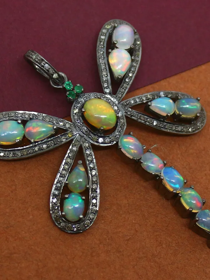 Natural Ethiopian Opal Pendant, Dragonfly Pendant, Diamond Pendant, 925 Sterling Silver Necklace, Dragonfly Jewelry, Multi Stone Pendant