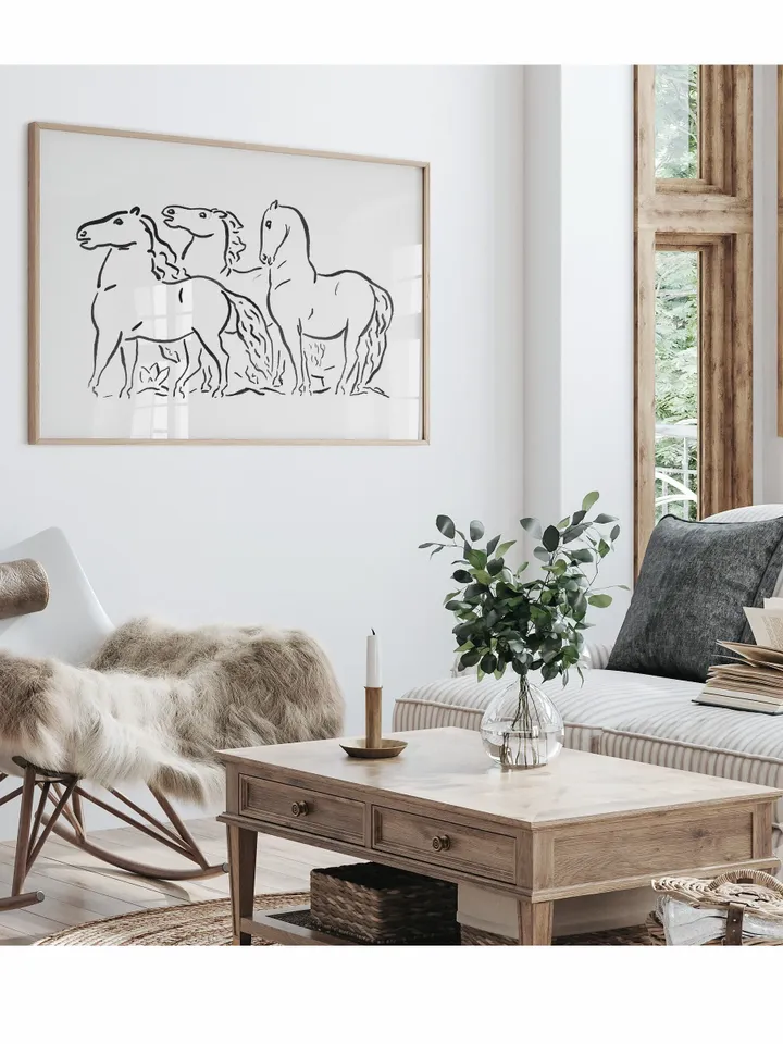 Minimalist Three Horses Drawing, Vintage Sketch Art Printable Farmhouse Decor, Digital Download | 357