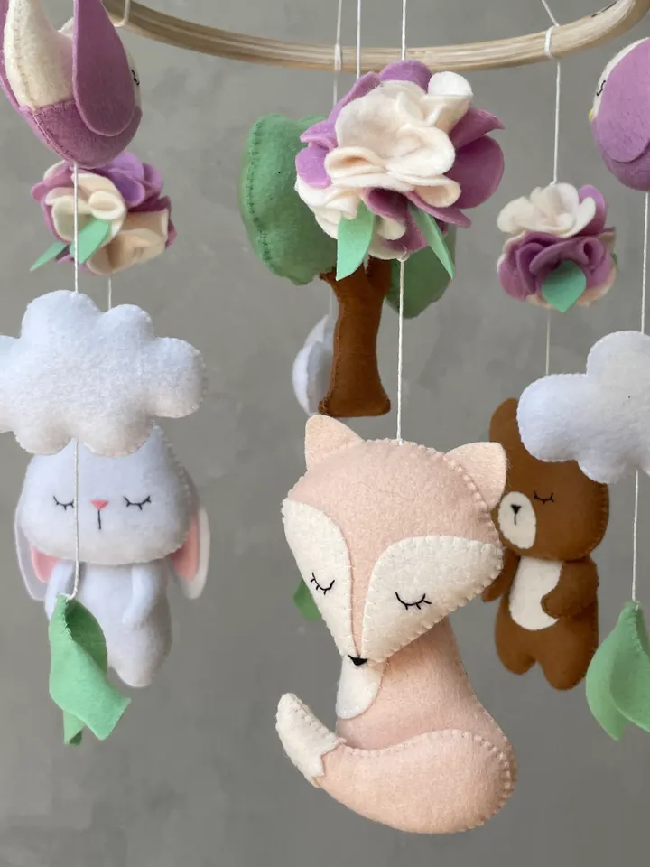 Boho baby mobile girl. Woodland baby mobile. Fox bunny bear birds mobile. Woodland nursery decor girl