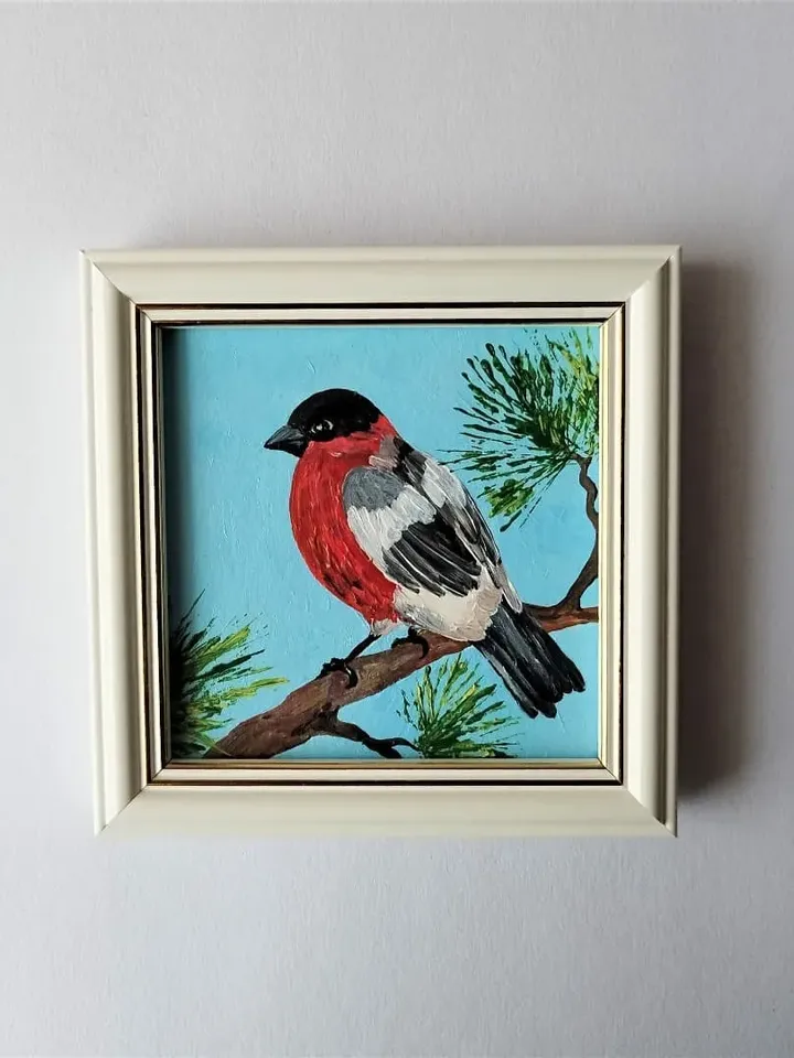 Little bird painting, Bird pictures wall decor, Bullfinch painting very small wall art