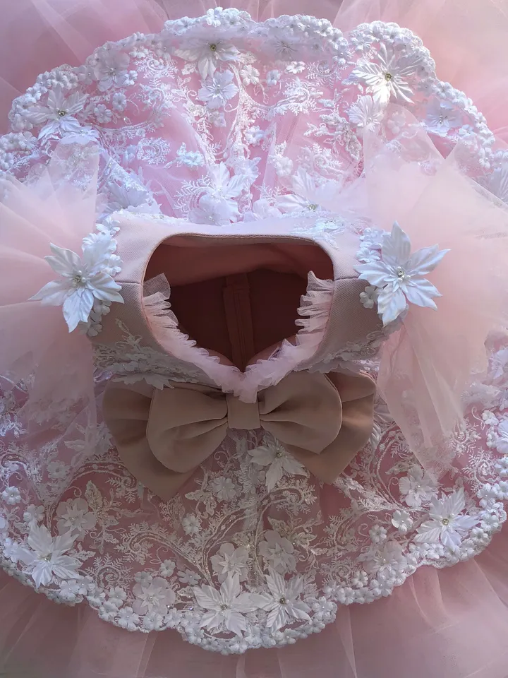 Pink and white dress with 3d flowers, pearls, beads. Dress with headband and booties for baby girl.Tutu dress for girl.Clothing set for girl