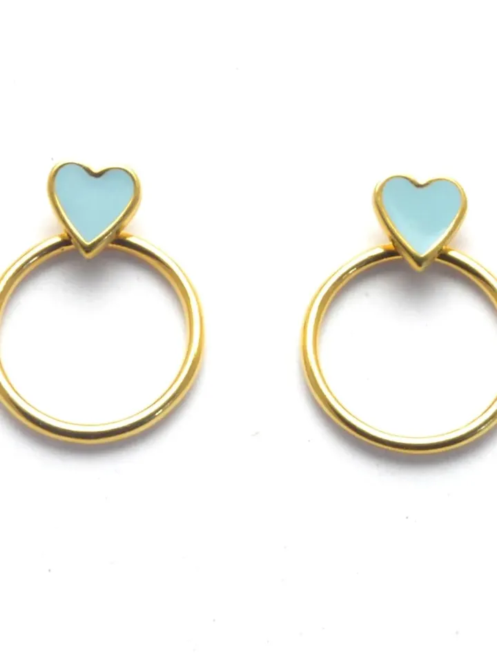 Tiny Heart Studs with Enamel, Girlfriend Earrings Minimalist Gold Ear Jackets, Dainty Turquoise or Black Stud Earring, Double Sided Earring