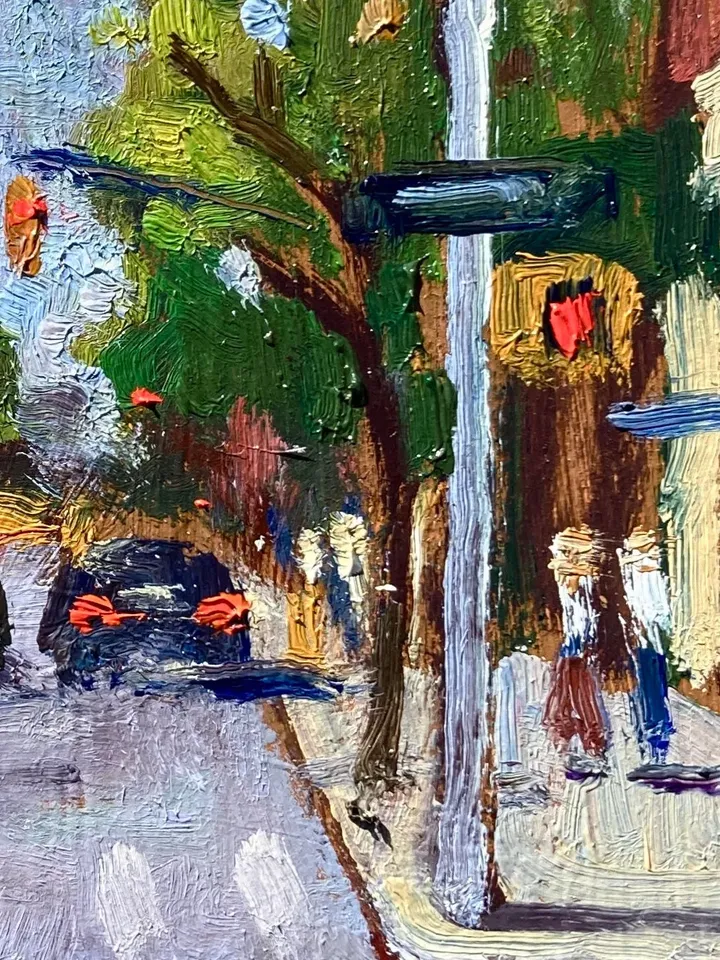 Small Original New York Cityscape Painting - From Broadway and 148th/NYC - 4x4 Oil on Panel, New York Urban Impressionist Landscape