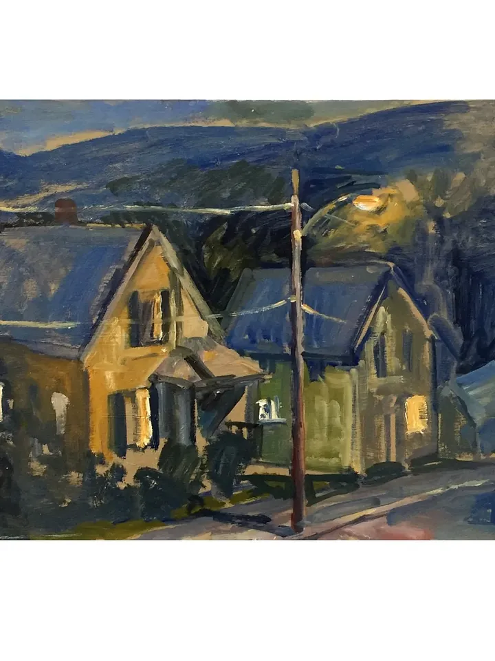 Night Scene Painting -Front Porch Nocturne- 12x20 Oil on Panel, Plein Air American Impressionist Landscape, Signed Original