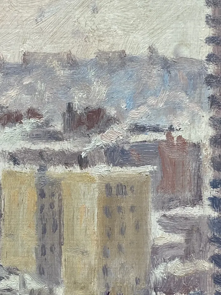 Original New York Winter Cityscape Painting - Snow Storm/Bronx NYC - 8x8 Oil on panel, Urban Impressionist Landscape, American Fine Art