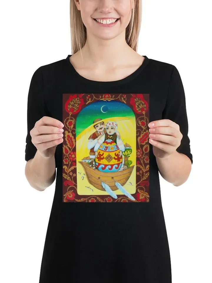Ukrainian folk motif, happy family in a boat, poster from the original work by Ukrainian artist Aleksandr Paranchenko, Wall decor