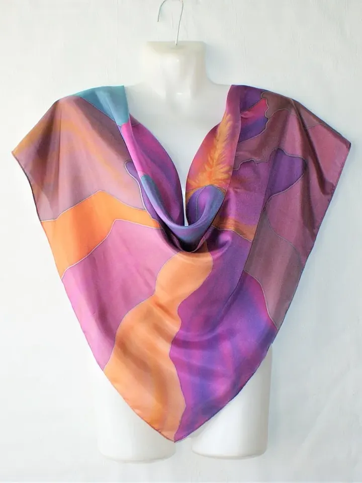 Bright square silk scarf Luxury hand painted silk scarf Floral silk head scarf