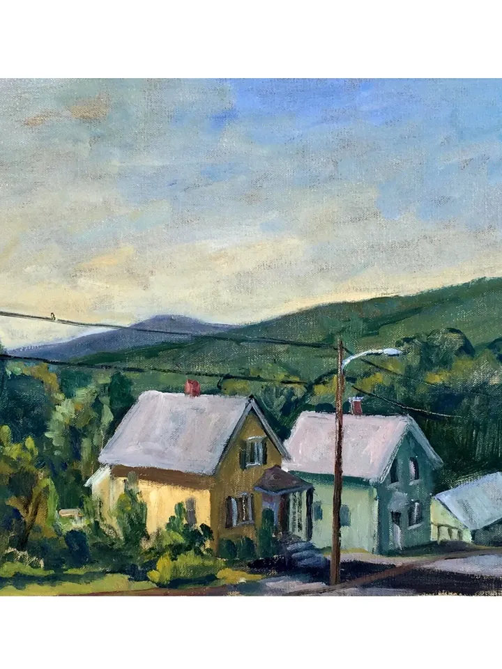 Original Landscape Painting -Sunny Houses- 14x20 Oil on Linen, Plein Air Berkshires Impressionist Fine Art, Signed American Street Scene