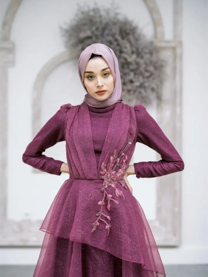 AHUNARE HIJAB - Sinem Fuchsia Silvery Wedding Dress, Muslim Evening Gown, Nikah, Islamic Wedding, Engagement, Bridesmaid,