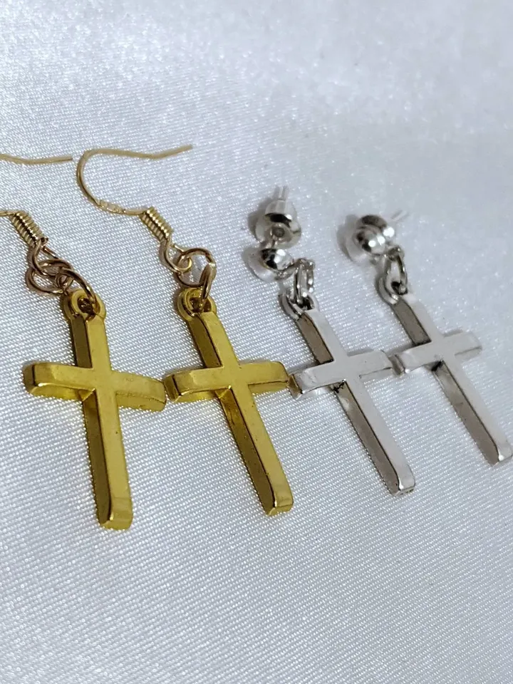 Christian Stainless Steel & Gold plated Cross Charm Studs and Earrings. Gothic, Minimalistic, Unisex