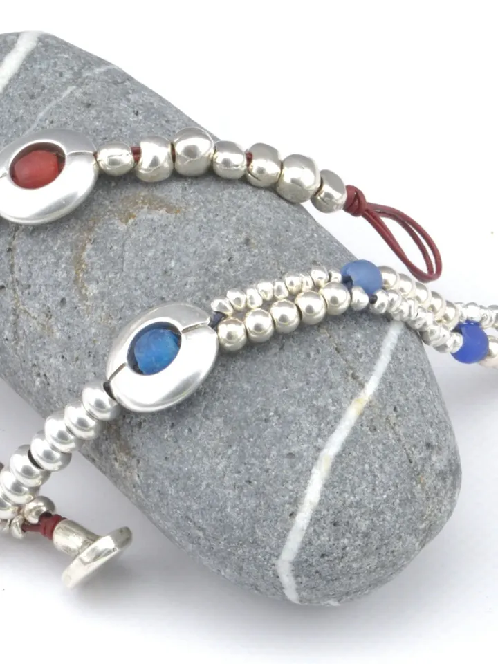 Antique Silver Double Strand Bracelet Uno de 50 Style, African Recycled Sea Glass Beads, Wraparound Beaded Bracelet for Women, Gifts for Her