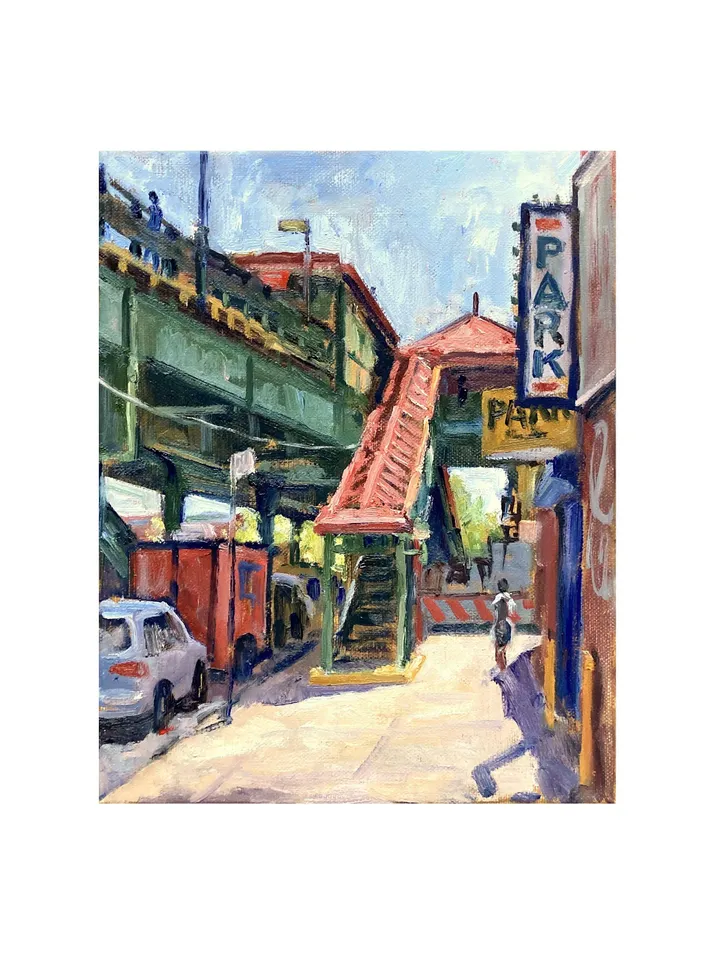 Original New York Cityscape Painting - Under the L/215th Street/Inwood - 8x10 Oil on Linen, Signed NYC Impressionist Plein Air Landscape