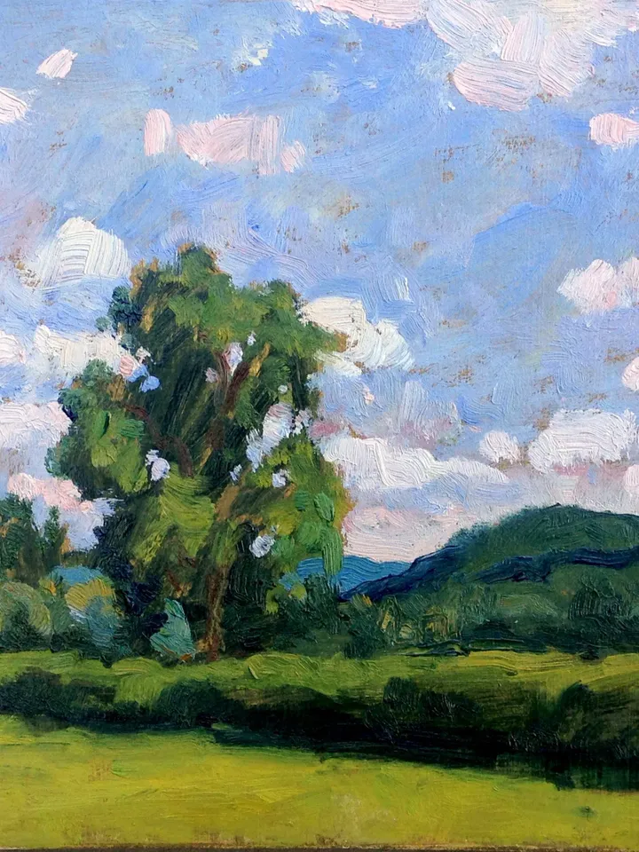 Small Tanglewood Landscape Painting -Summer Sky- 6x6 Oil on Panel, Berkshires Plein Air Impressionist Fine Art, Signed Original