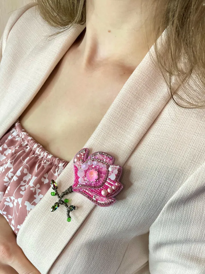 Magnolia Beaded Brooch, Handmade Embroidered Accessory, Crystal Flower of Pink Color Pin, Flower Brooch, Pink Flower