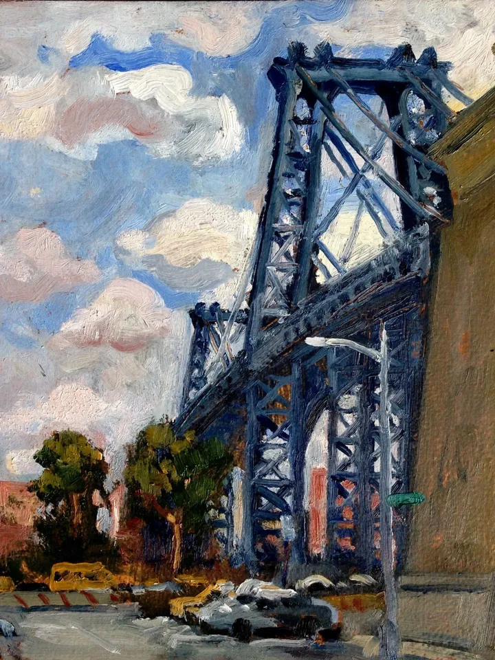 Small Original New York Cityscape Painting - Williamsburg Bridge/NYC - 8x8 Oil on Panel, Impressionist Landscape, Signed American Fine Art