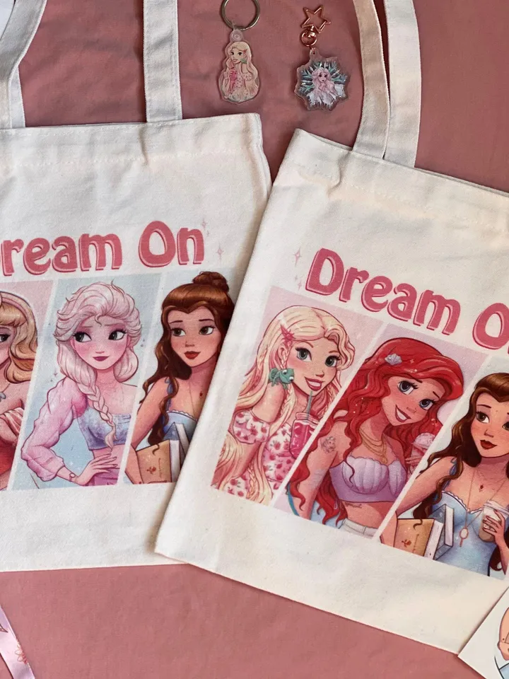 Modern Princesses with Drinks White Canvas Tote Bags - Art Hand-drawn with Love