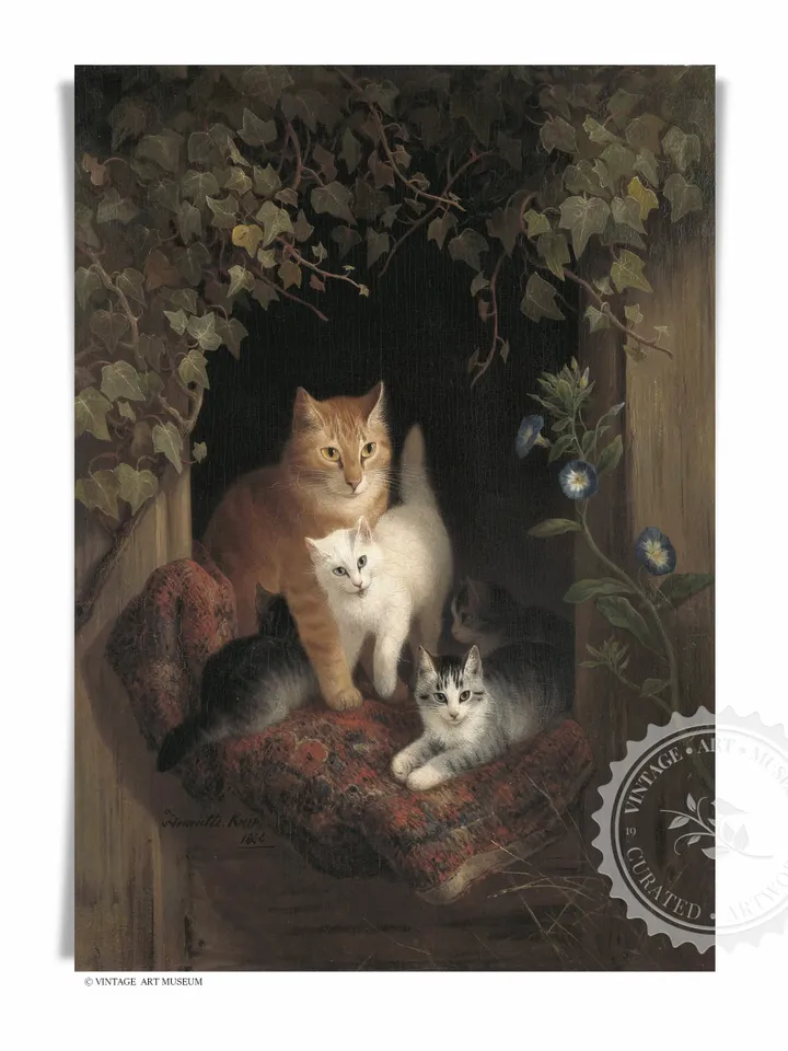 Cat With Kittens Vintage Print, Pets Antique Oil Painting, Printable Wall Art Decor, Downloadable | 384