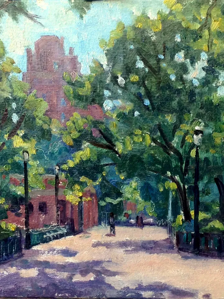 East Village Oil Painting Landscape -Morning Light/Tompkins Square Park/NYC- 7x7 Oil on Panel, New York City Impressionism, Signed Original