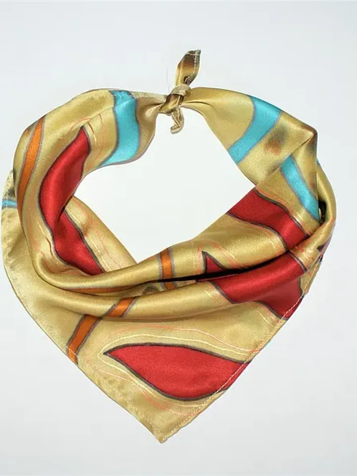Small square silk neck scarf Red and gold silk scarf hand painted batik