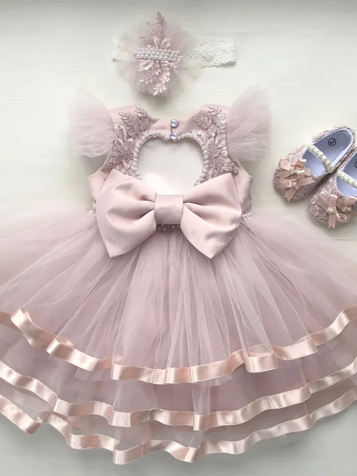 Blush pink dress with lace, pearls and ribbon. Dress with headband and booties for baby girl. First birthday dress.