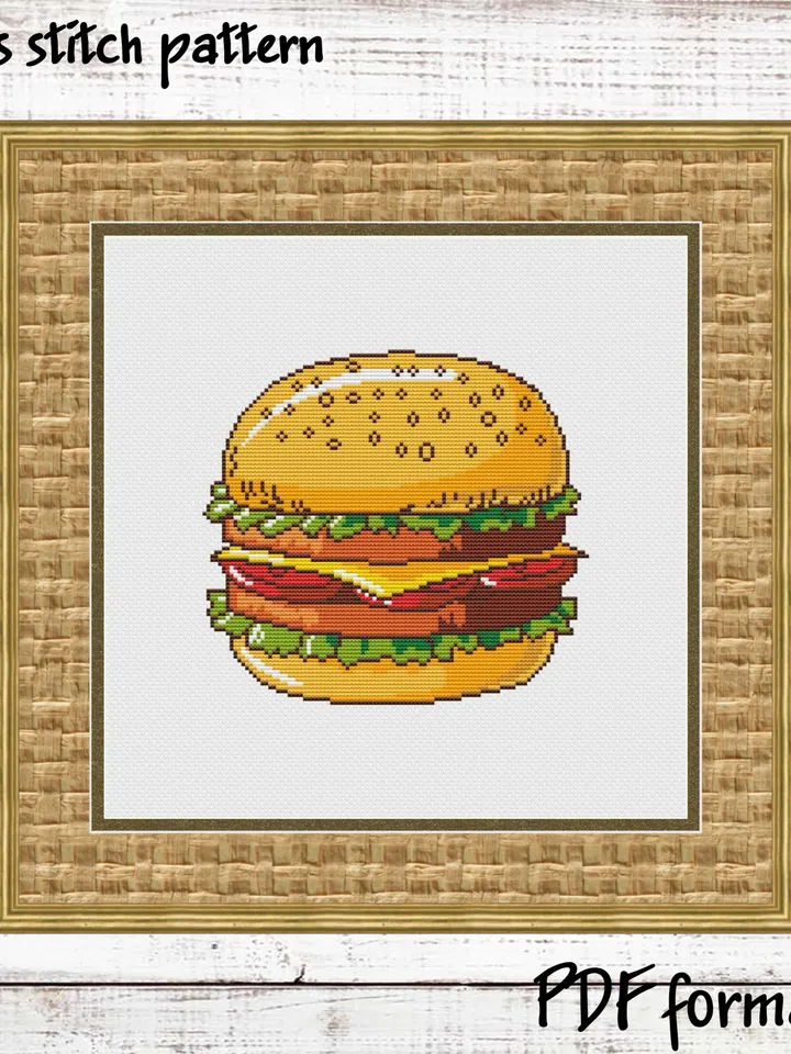 Hamburger Cross Stitch Pattern PDF, Burger Cross Stitch Pattern Modern, Fast food Xstitch Pattern