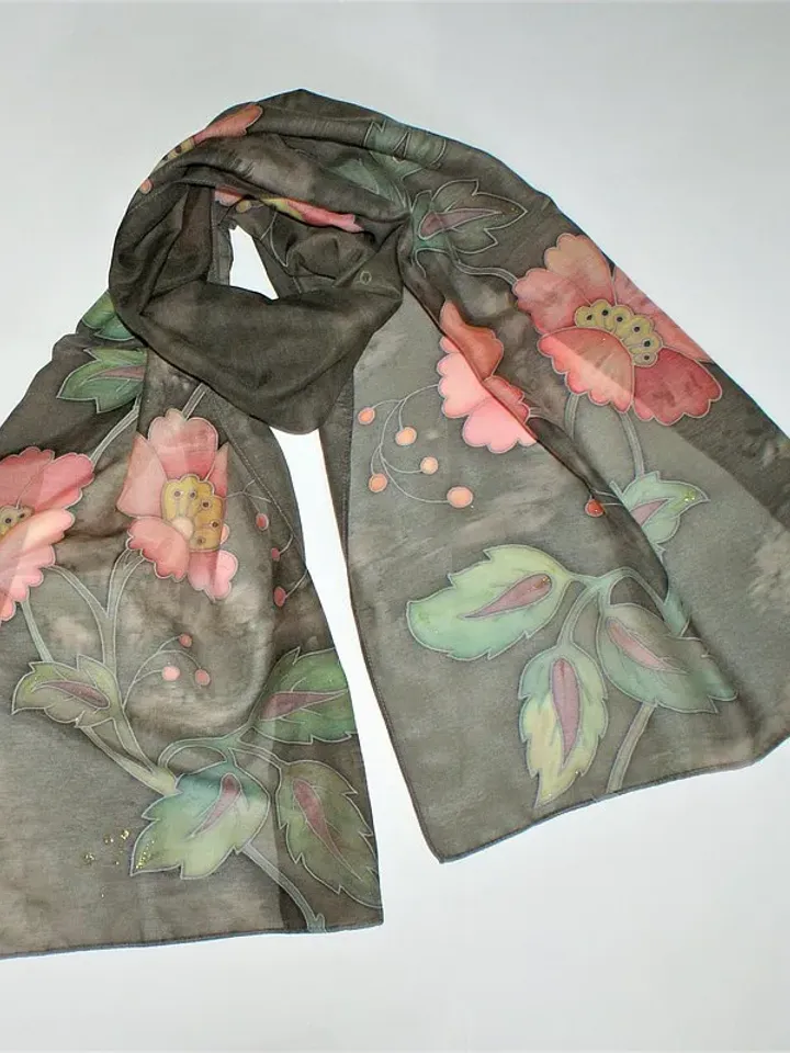 Pink and green scarf Hand painted scarf Floral scarves Cotton and silk scarf