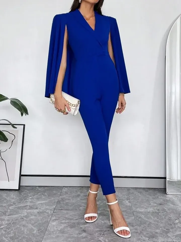 Elegant Blue Shawl Collar Cloak Sleeve Skinny Jumpsuit Pants Shirt Women Ladies Casual