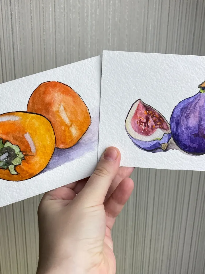 Persimmon fruit painting , original watercolor art, Small Artwork 4x6 inches