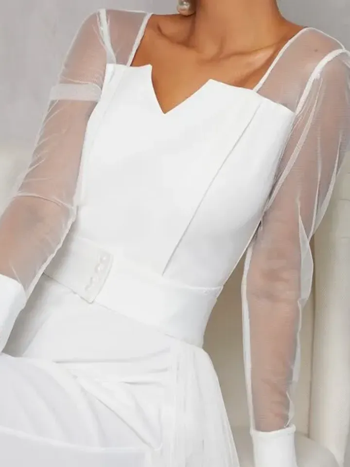 Solid Notched Neck Long Sleeve Pearl Beaded Waist Jumpsuit With Mesh Skirt