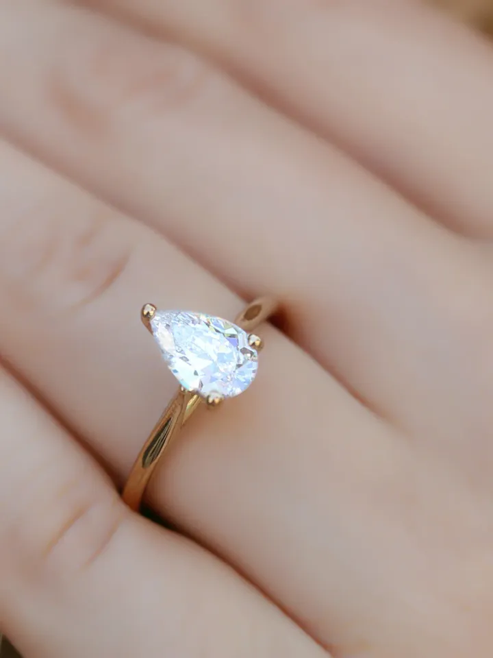 PEAR SHAPED RING | Moissanite Pear Diamond Gold Ring Band | Custom 1.50 Ct Solitaire Diamond Wedding Ring | Women Birthday Gift